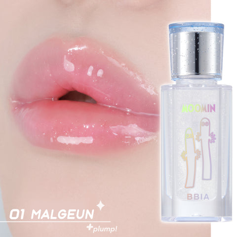 Bbia x Moomin Collab Lip Oil huuliöljy sävy 01 Malgeun (väritön, glitter, plumping) Hattivatti pakkaus