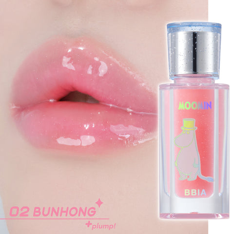 Bbia x Moomin Collab Lip Oil huuliöljy sävy 02 Bunhong (pinkki, plumping, kimaltava) Muumipappa pakkaus